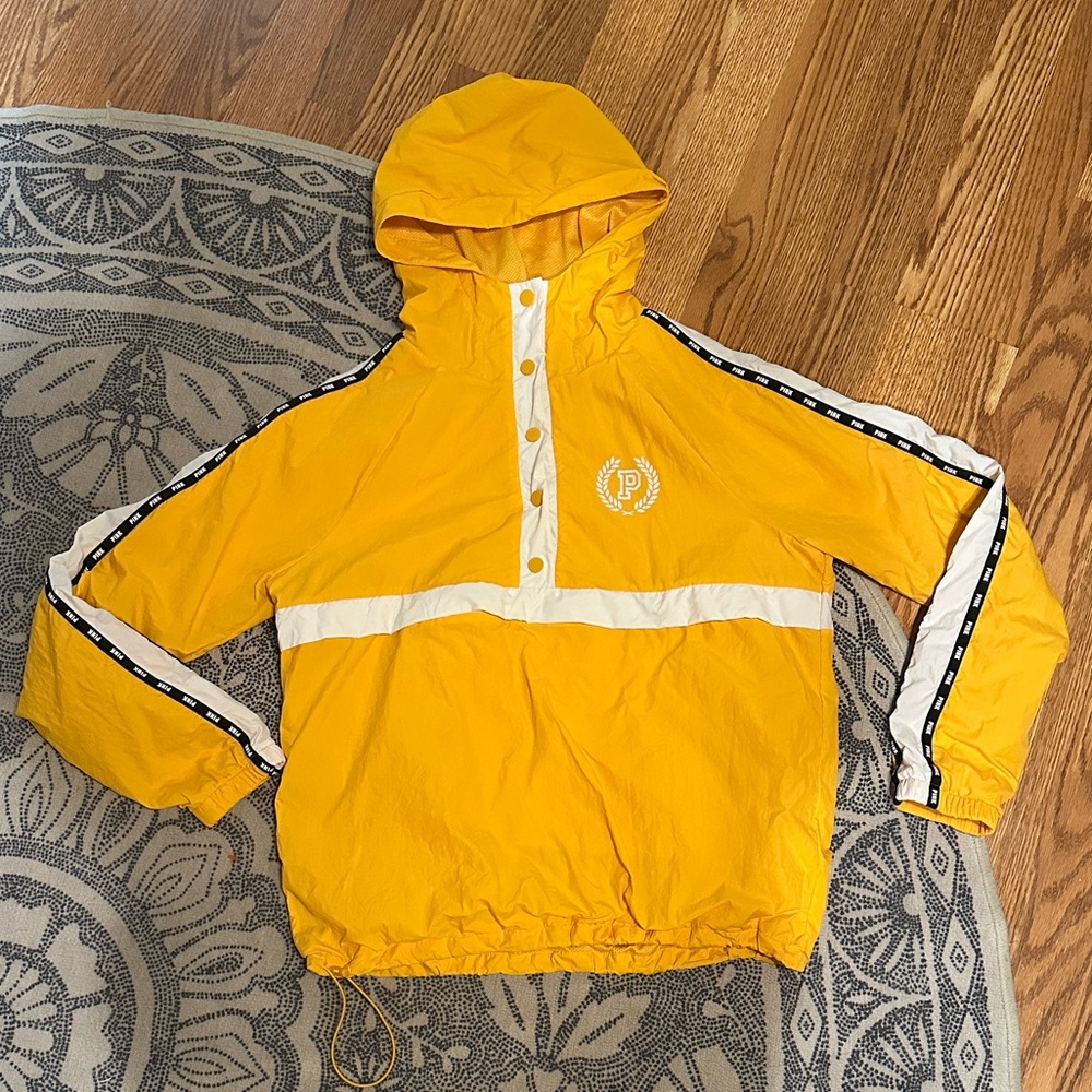 PINK Victoria's Secret Yellow Hooded Raincoat with Stripe Accents